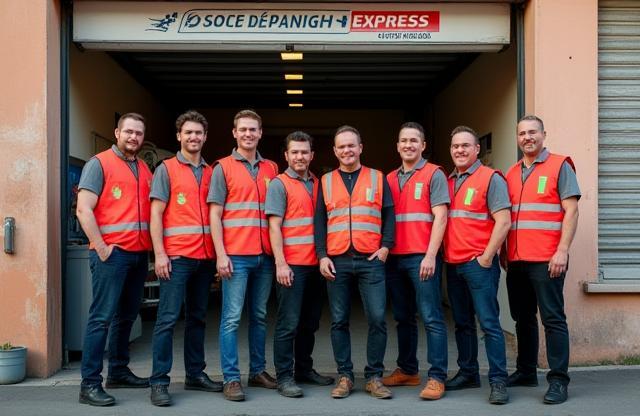L'équipe de Dépannage Express devant leur garage à Lyon